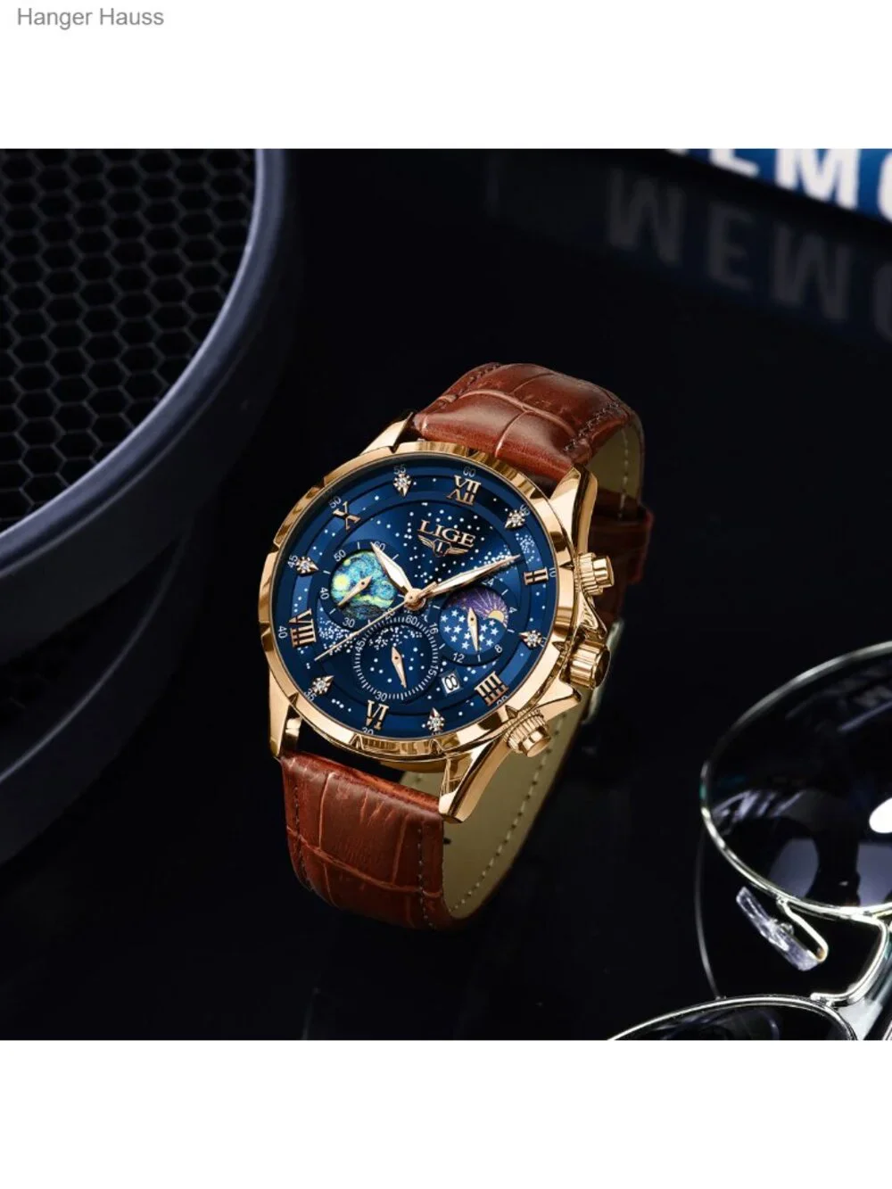 Men's Waterproof Chronograph Quartz Wrist Watch with Genuine Leather Strap Date